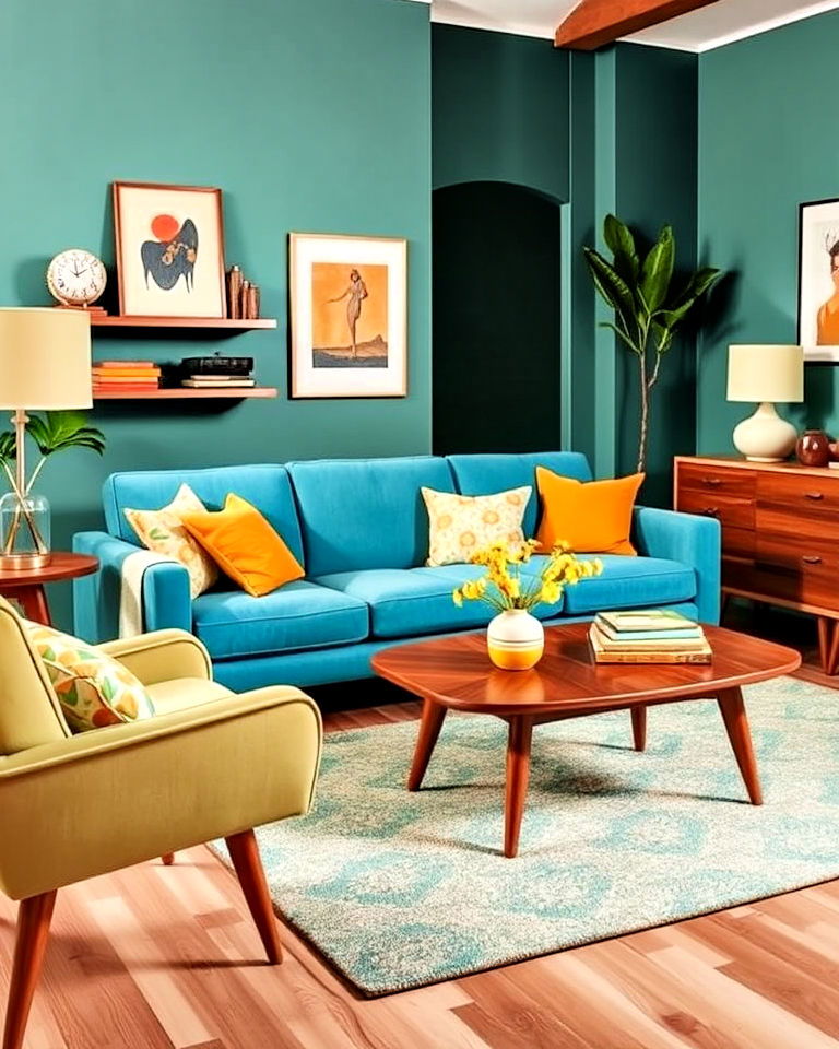 retro inspired blue and green living room - 20 Blue and Green Living Room Ideas