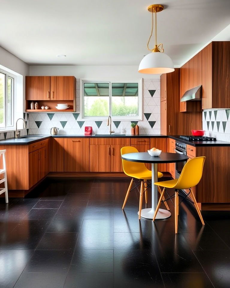 retro inspired kitchen with black flooring - 20 Black Floor Kitchen Ideas