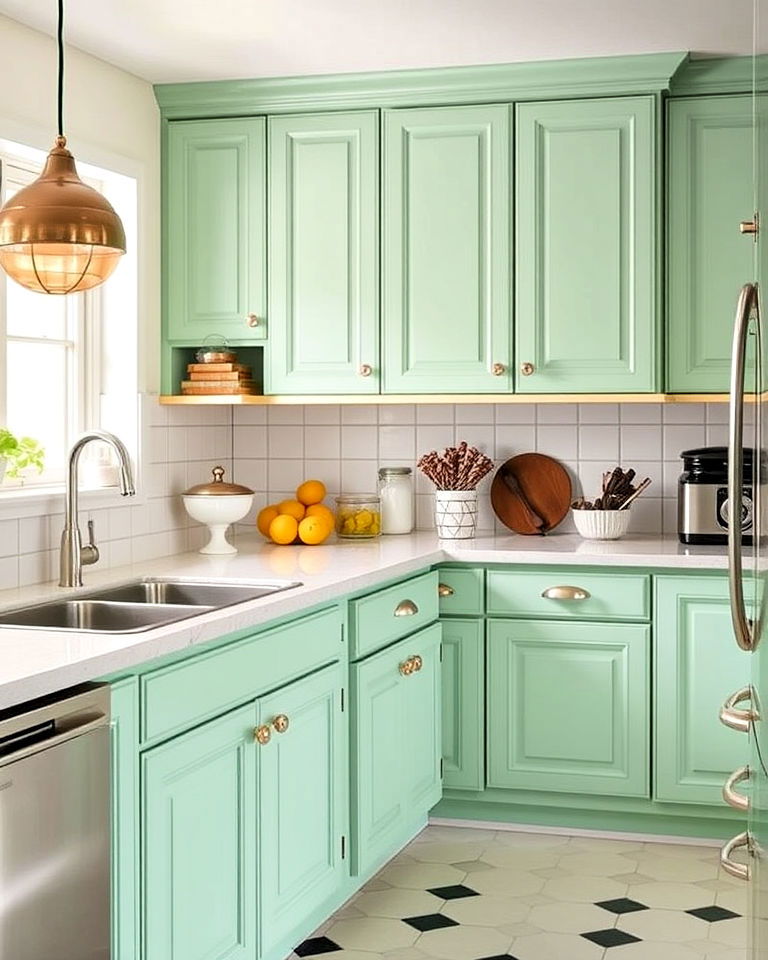 retro inspired mint green cabinets color - 40 Kitchen Cabinet Color Ideas