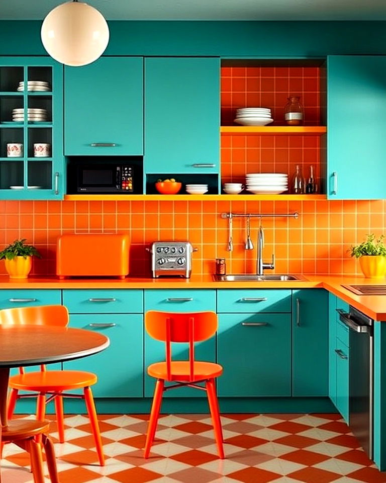 retro inspired teal and orange color palette - 40 Mid-century Modern Kitchen Ideas