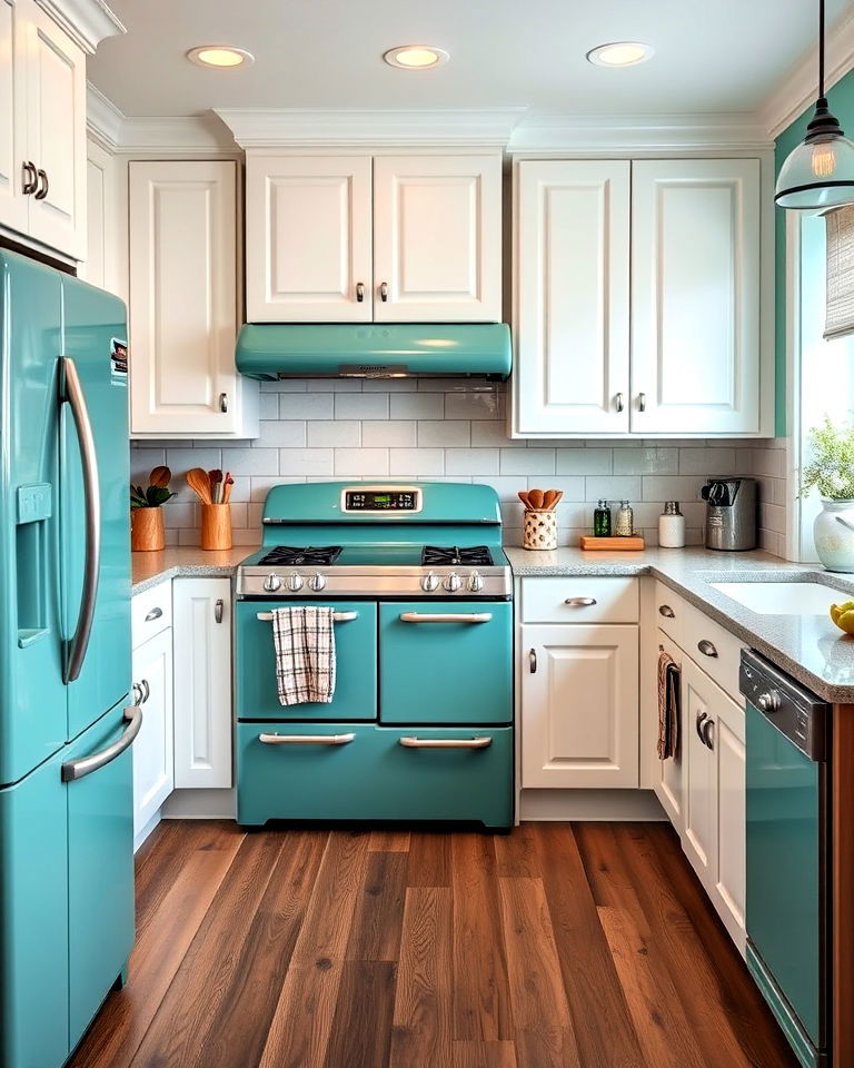 retro inspired teal appliances with white cabinetry - 20 Teal and White Kitchen Ideas