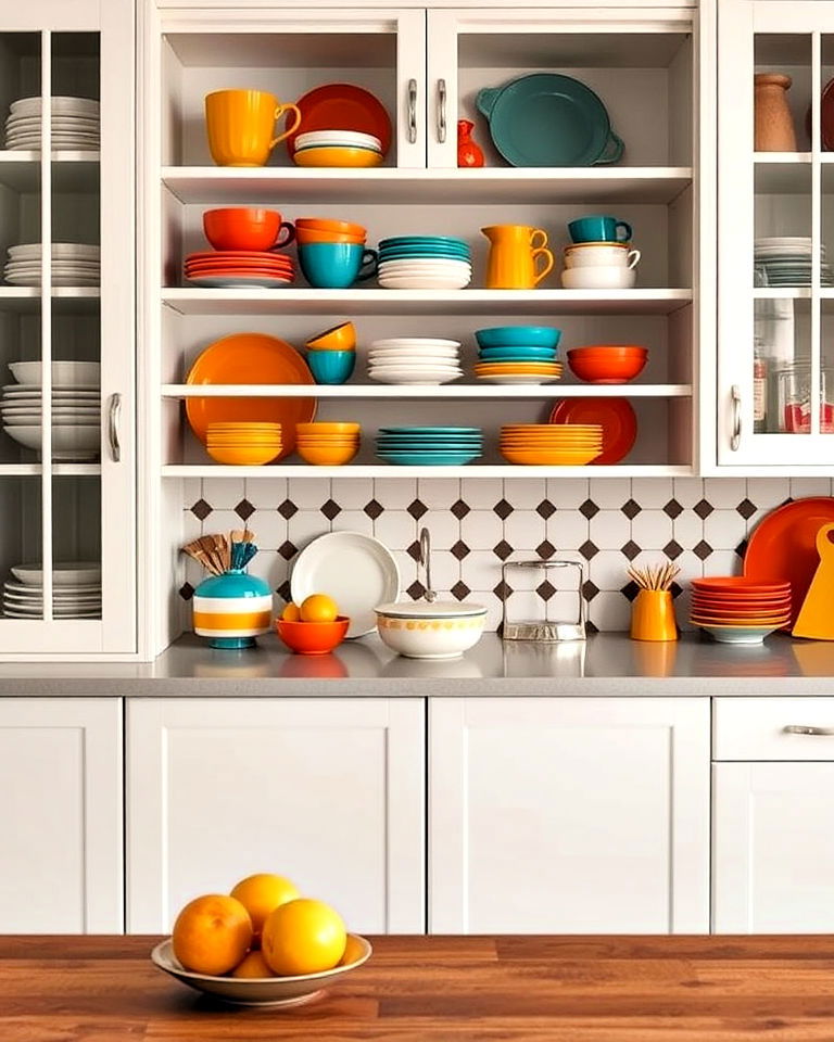 retro inspired vibrant ceramic dishware - 40 Mid-century Modern Kitchen Ideas
