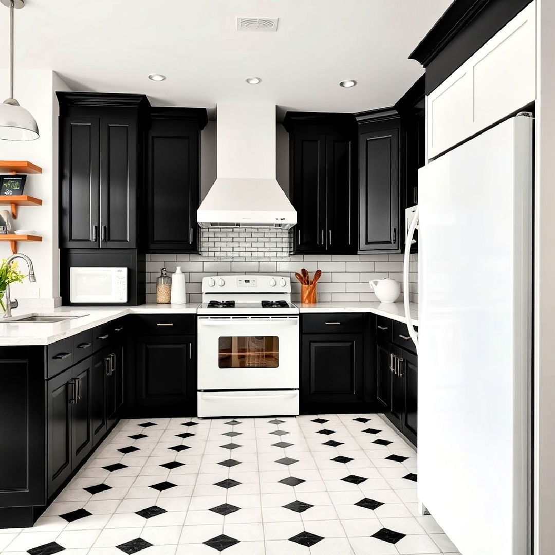 retro inspired white appliances with black cabinets - 40 Black and White Kitchen Ideas