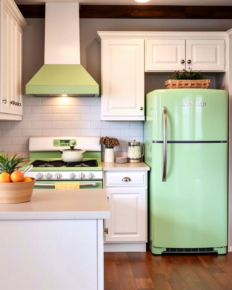 retro touch with sage green appliances - 25 Sage Green and White Kitchen Ideas