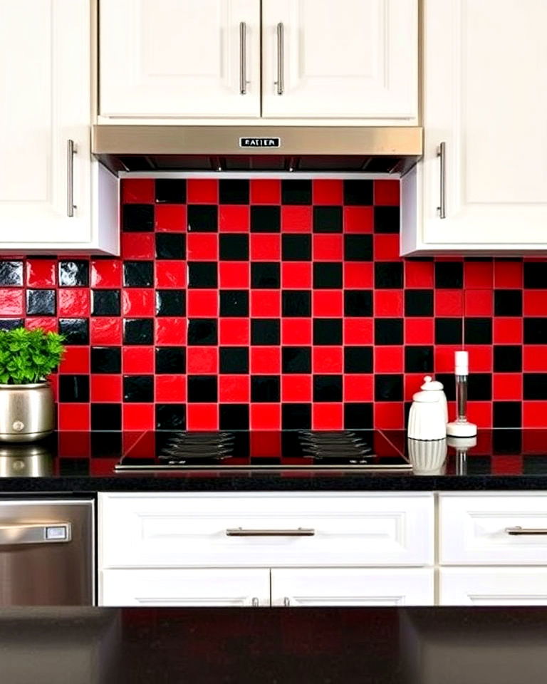 retro vibe black and red checkerboard backsplash - 25 Red and Black Kitchen Ideas