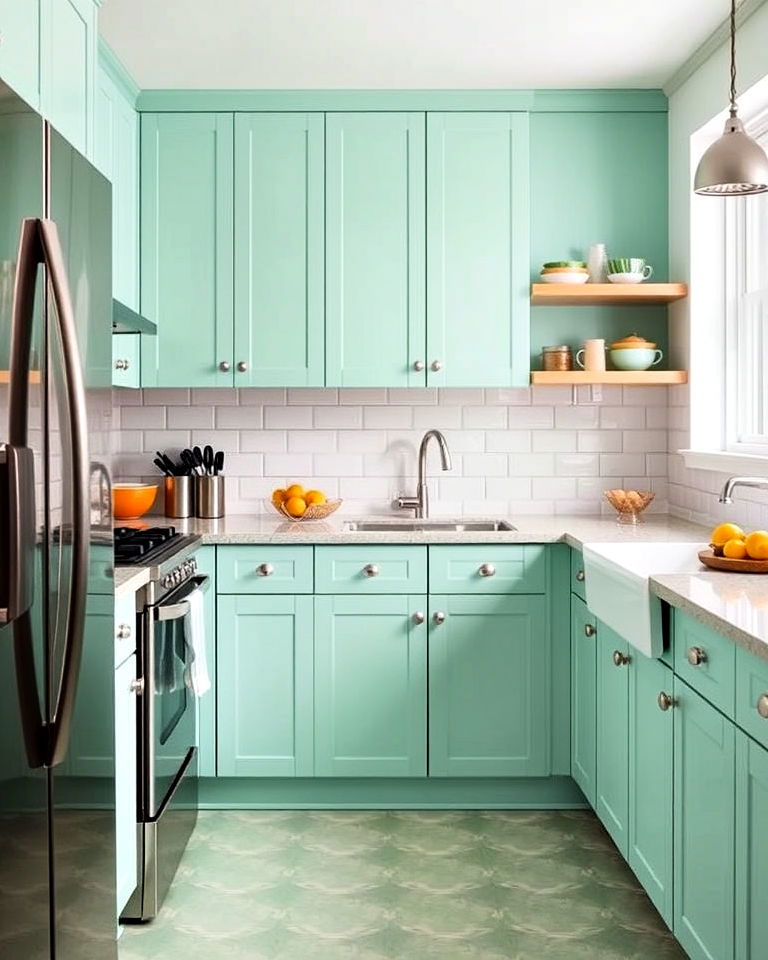 retro vibe mint green tile flooring for kitchen - 30 Mint Green Kitchen Ideas