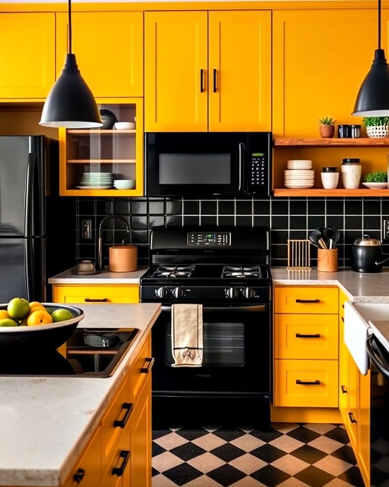 retro vibe mustard yellow cabinets - 20 What Color Cabinets Go With Black Appliances