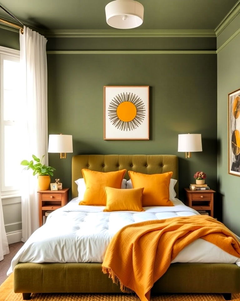 retro vibe olive green and mustard yellow bedroom - 25 Olive Green Bedroom Ideas