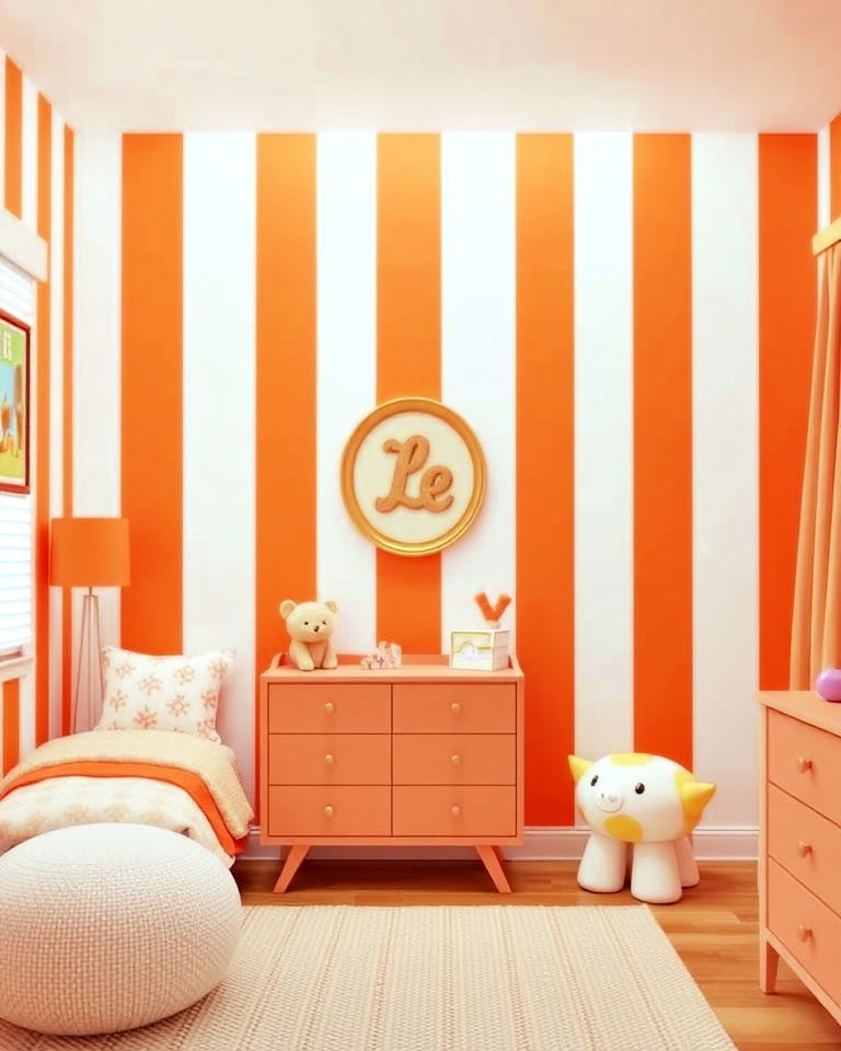 retro vibe orange and white striped walls - 30 Orange Room Ideas