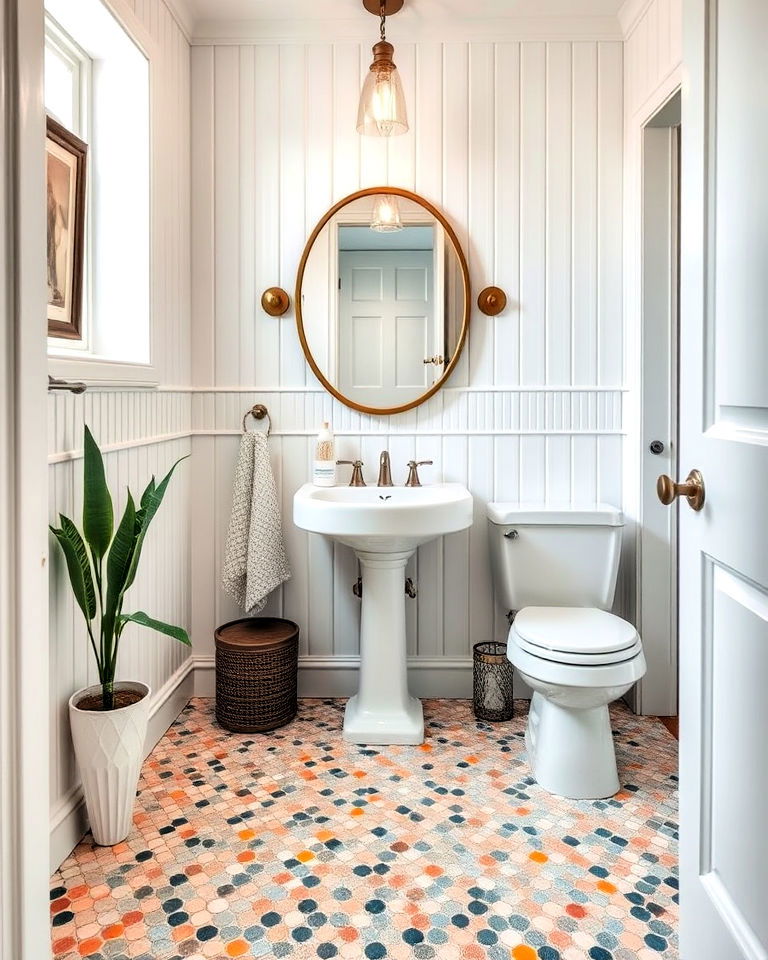 retro vibe penny tiles floor - 25 Powder Room Floor Tile Ideas