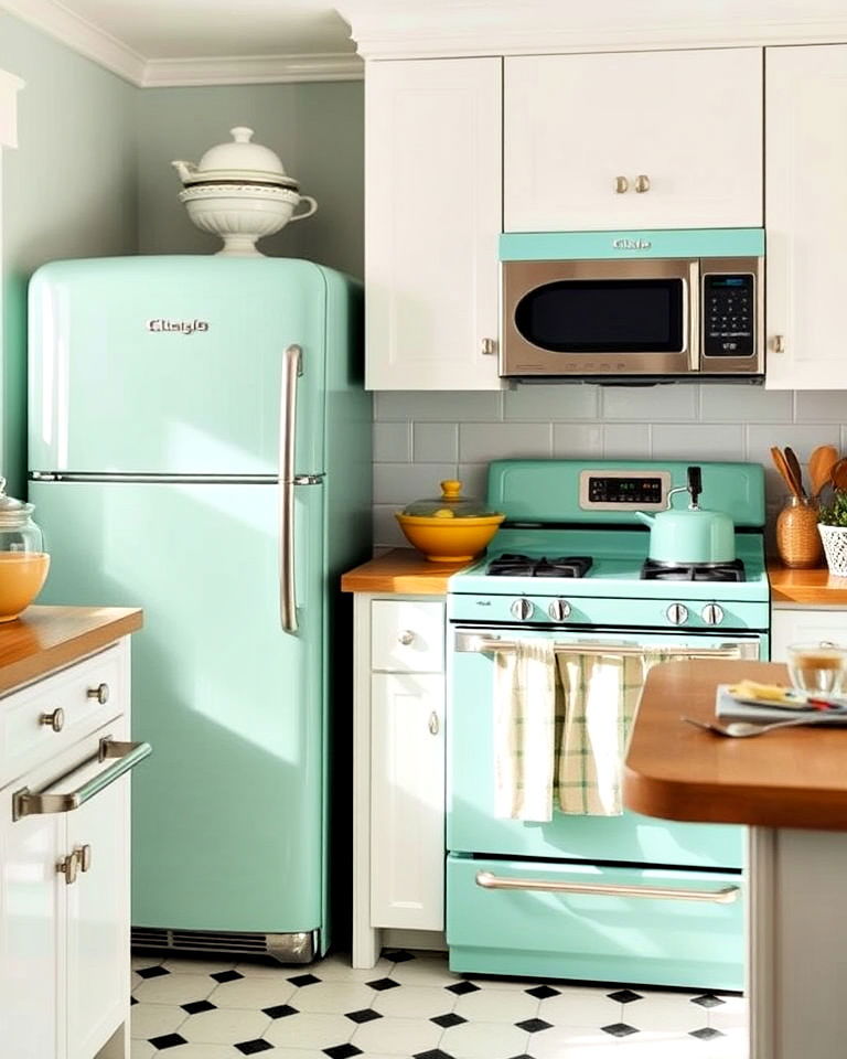 retro vibe seafoam green appliances - 15 Seafoam Green Kitchen Ideas