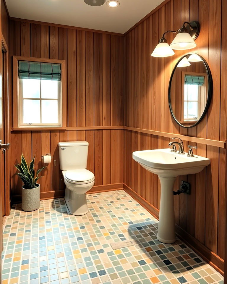 retro vibe small square tiles for powder room floor - 25 Powder Room Floor Tile Ideas