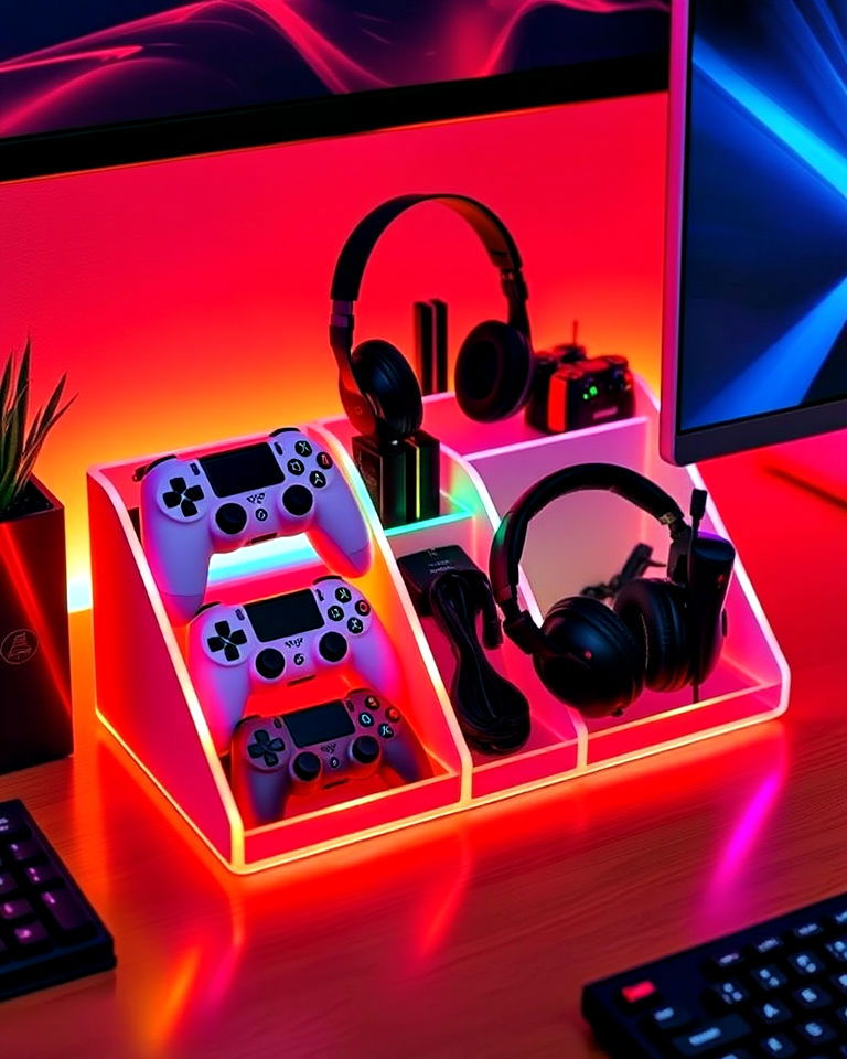 rgb lighting with desk organizer - 20 Gamer Girl Room Ideas