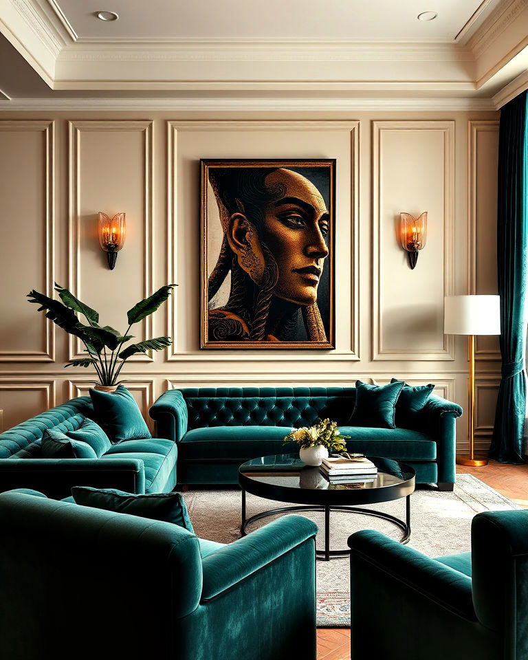 rich velvet upholstery ideas - 30 Art Deco Interior Design Ideas