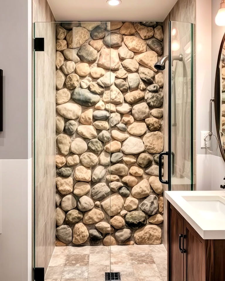river rock accent wall ideas - 25 Rustic Walk-in Shower Ideas