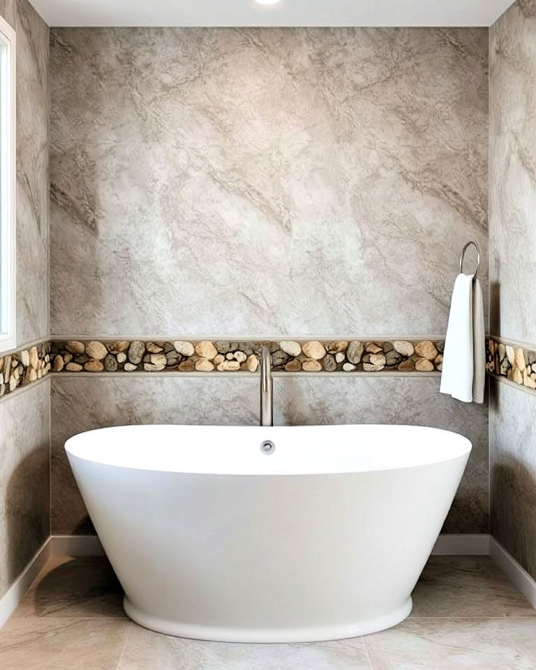 river rock border to add natural touch - 20 Pebble Tile Bathroom Ideas