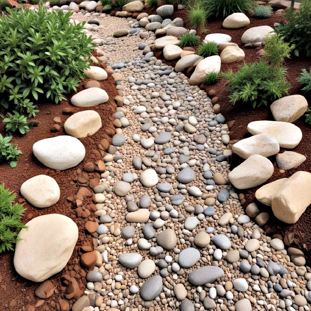 river rock for dry stream bed landscape - 30 Front Yard Landscaping Ideas With Rocks and Mulch