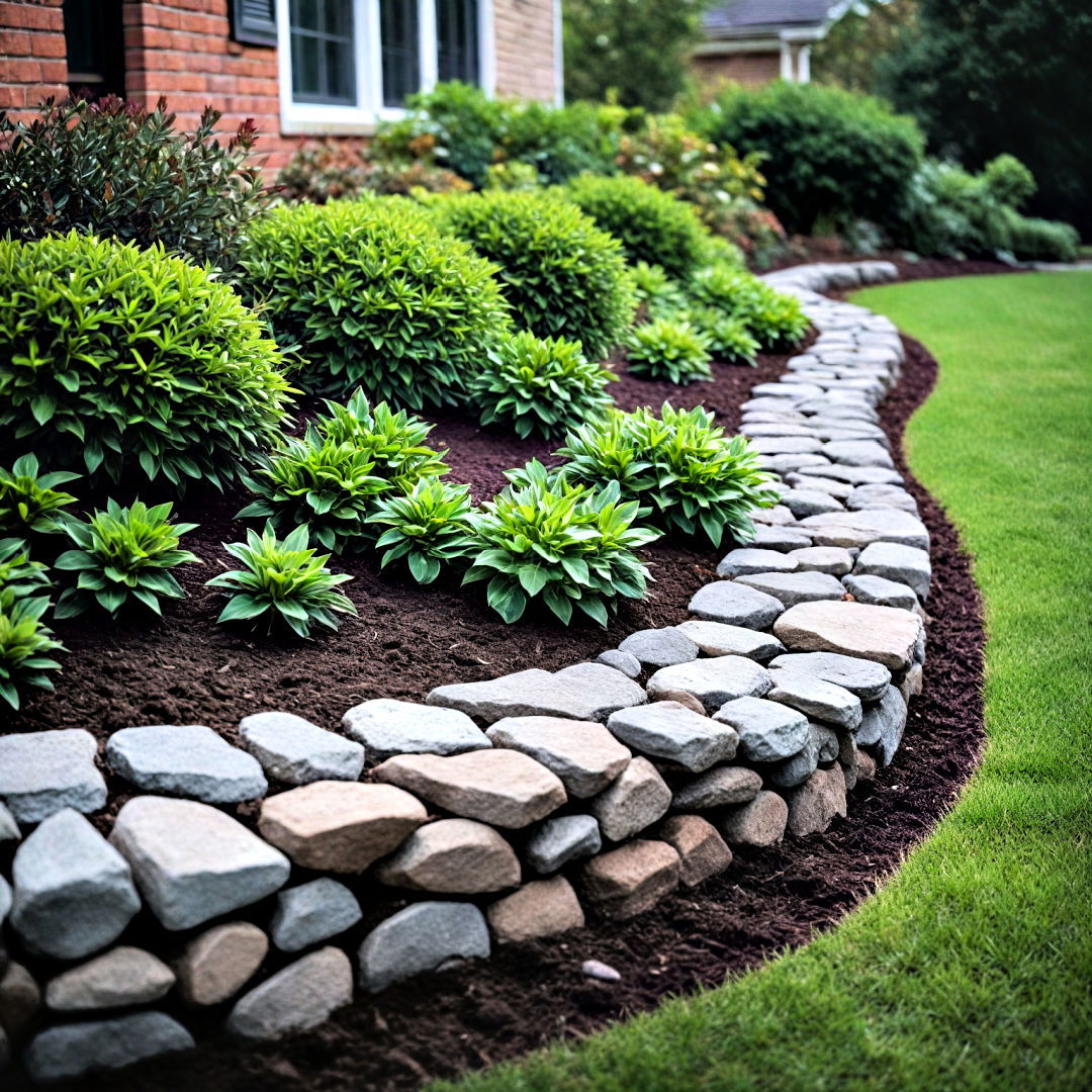 rock border for separating garden bed from walkway - 30 Front Yard Landscaping Ideas With Rocks and Mulch