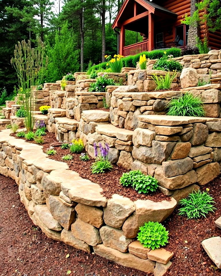 rock wall terraces for log cabin landscaping - 25 Log Cabin Landscaping Ideas