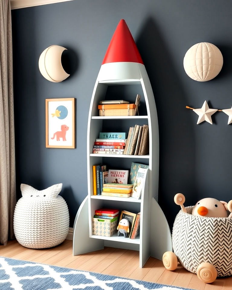 rocket shaped bookshelf for space themed nursery - 20 Space-themed Nursery Ideas