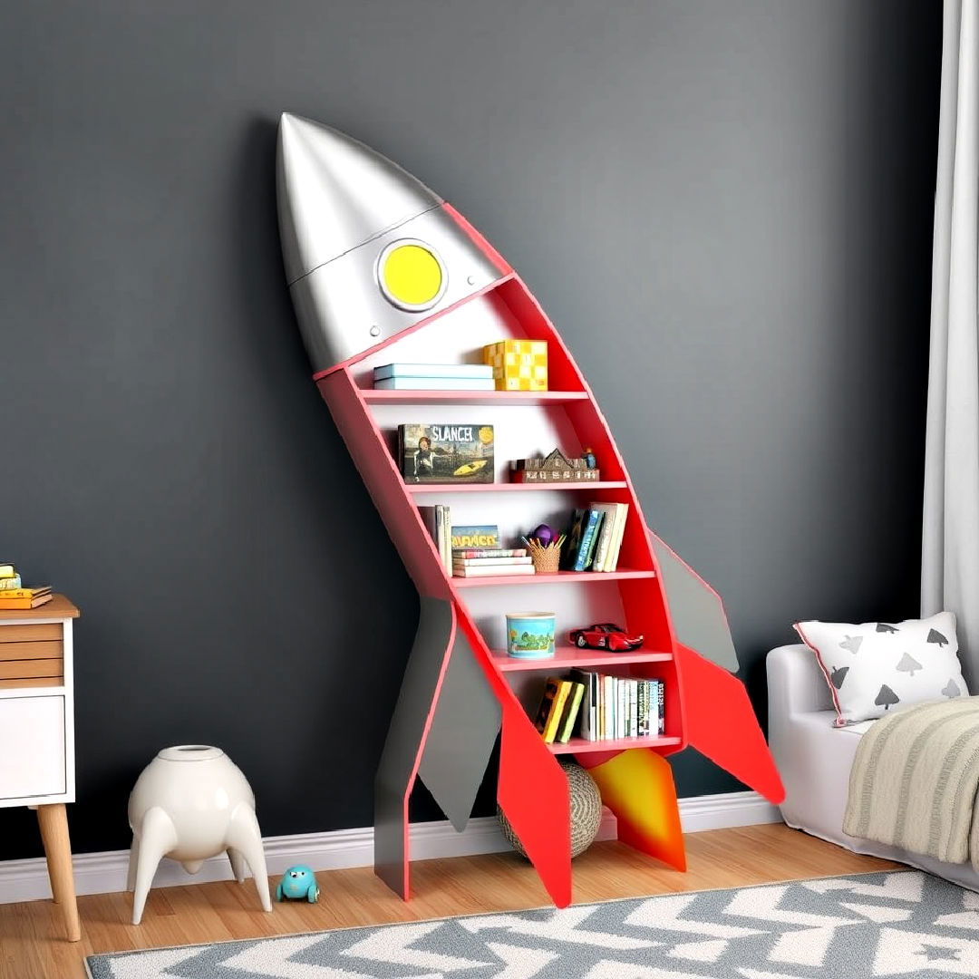 rocket shaped bookshelf for space themed room - 20 Space-themed Room Ideas