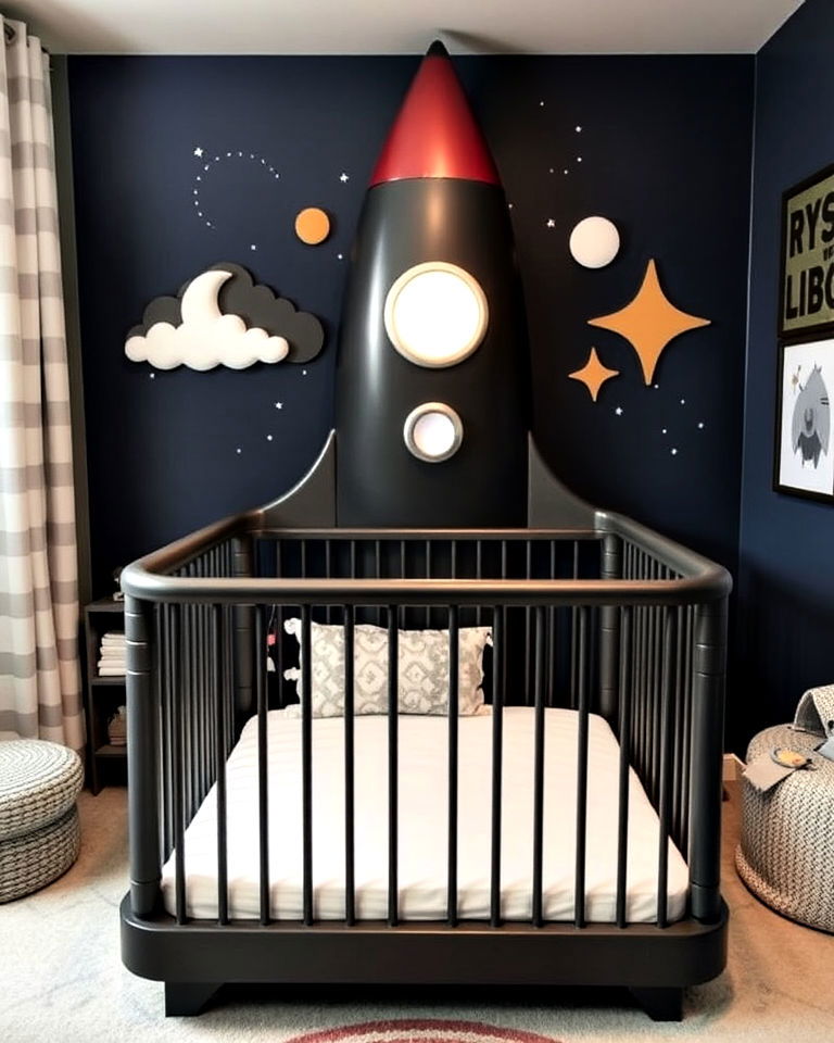 rocket ship crib for space themed nursery - 20 Space-themed Nursery Ideas