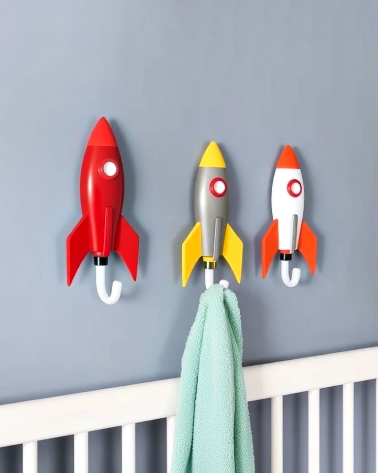 rocket wall hooks for space themed nursery - 20 Space-themed Nursery Ideas
