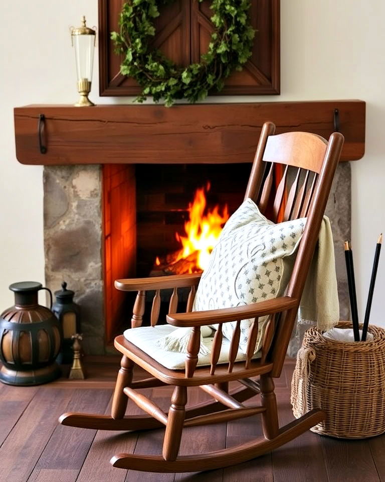 rocking chair with cushions in front of fireplace - 20 Chairs in Front of Fireplace Ideas