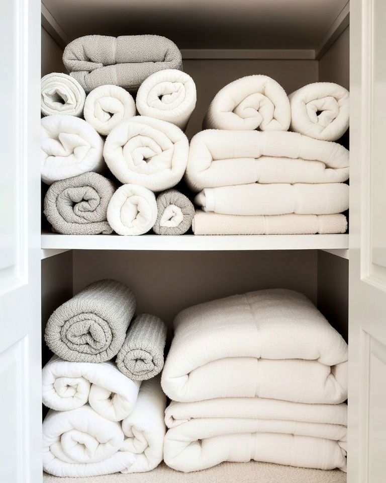roll towels to save space - 30 Linen Closet Organization Ideas