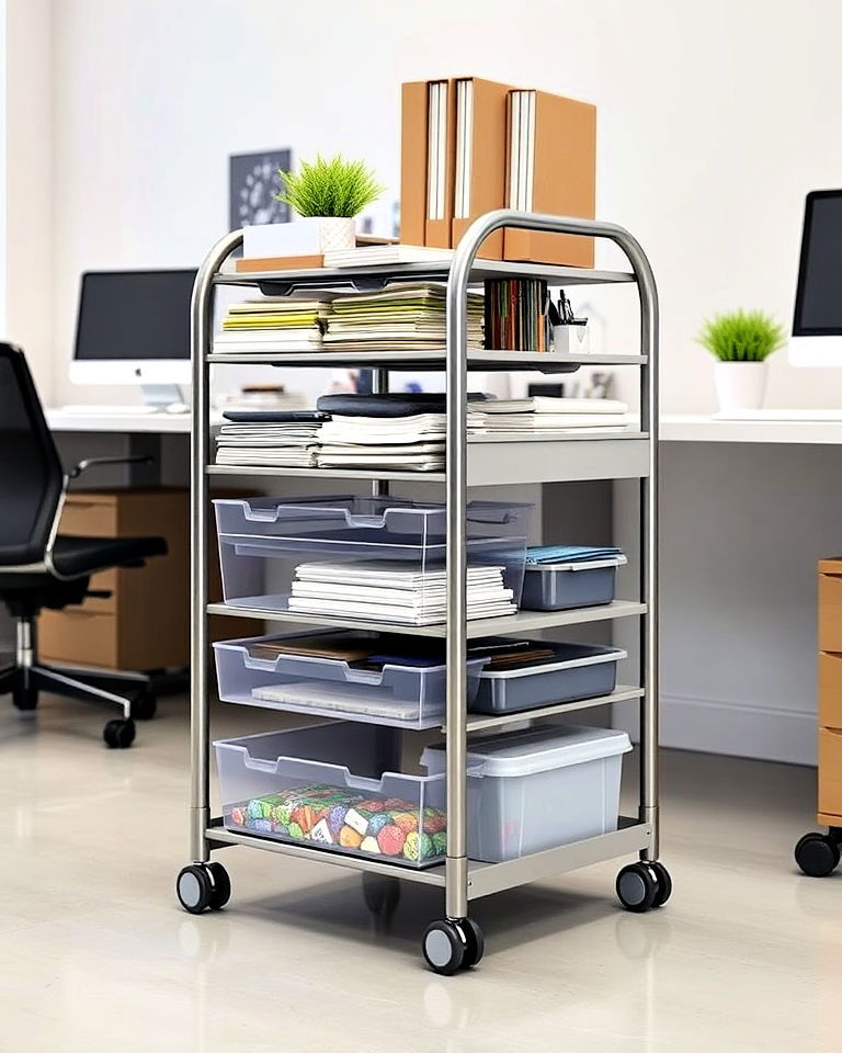 rolling storage carts to store office supplies - 20 Office Storage Ideas