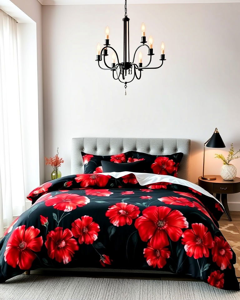 romantic black and red floral bedding for bedroom - 25 Red and Black Bedroom Ideas