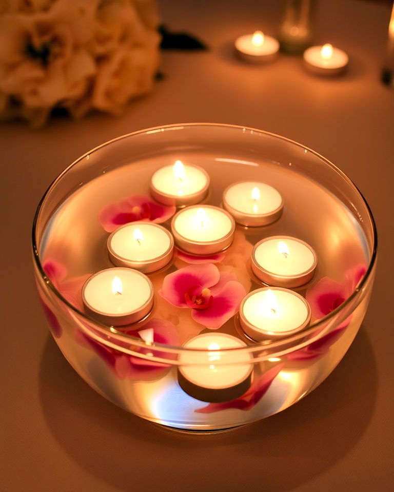 romantic floating candles in water - 30 Wedding Table Decoration Ideas