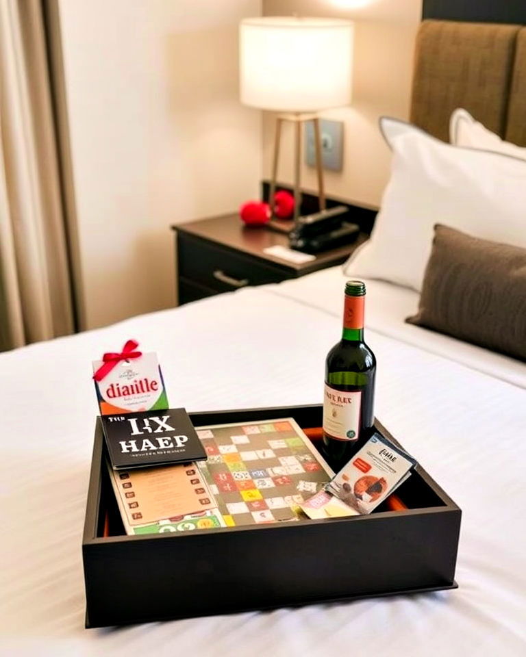 romantic hotel room with couples activity kit - 30 Romantic Hotel Room Ideas