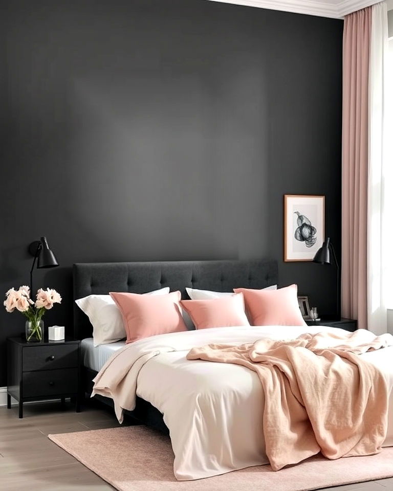 romantic vibe dark grey with blush accents - 30 Dark Grey Bedroom Ideas