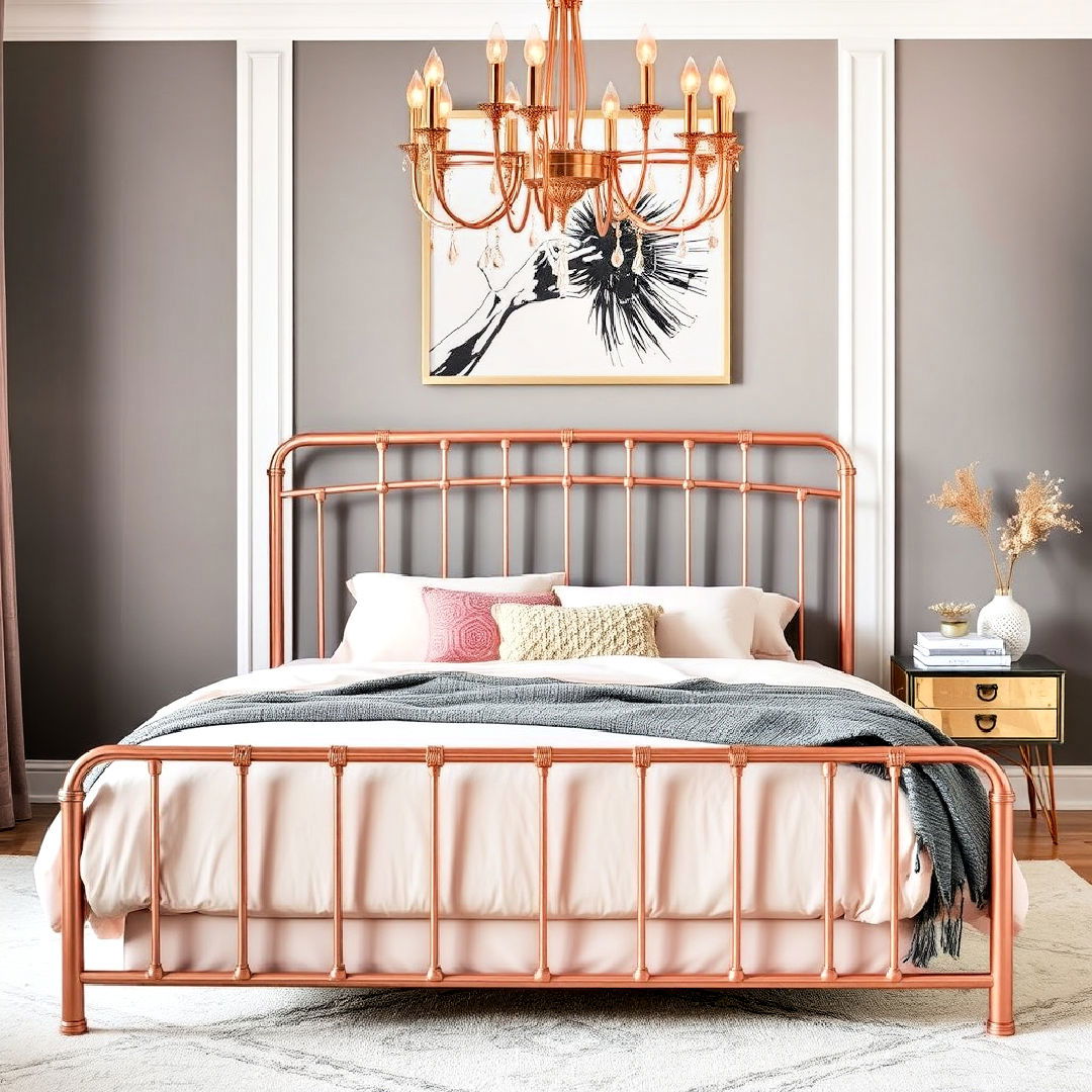rose gold bed frame with blush colored bedding - 15 Rose Gold Bedroom Ideas