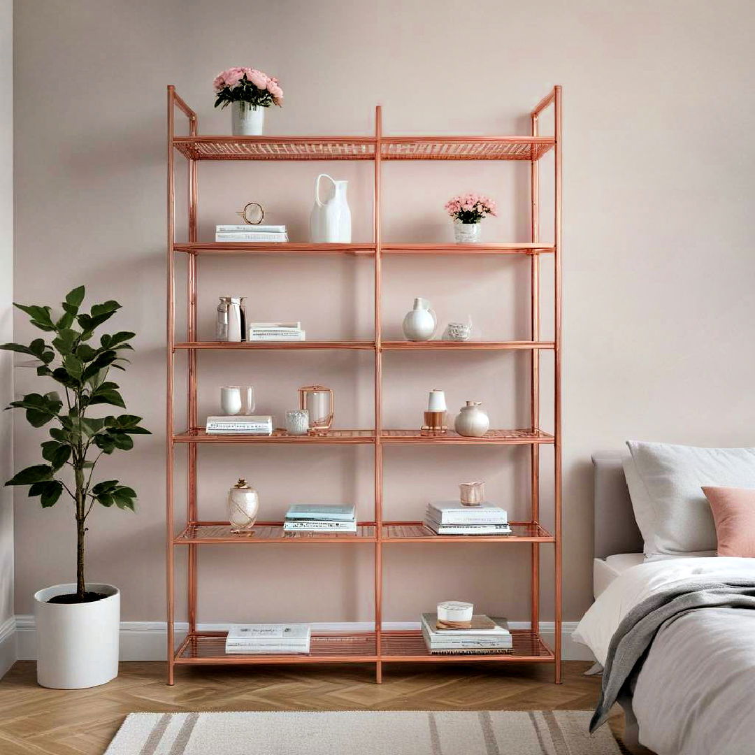 rose gold shelving with metallic finish - 15 Rose Gold Bedroom Ideas