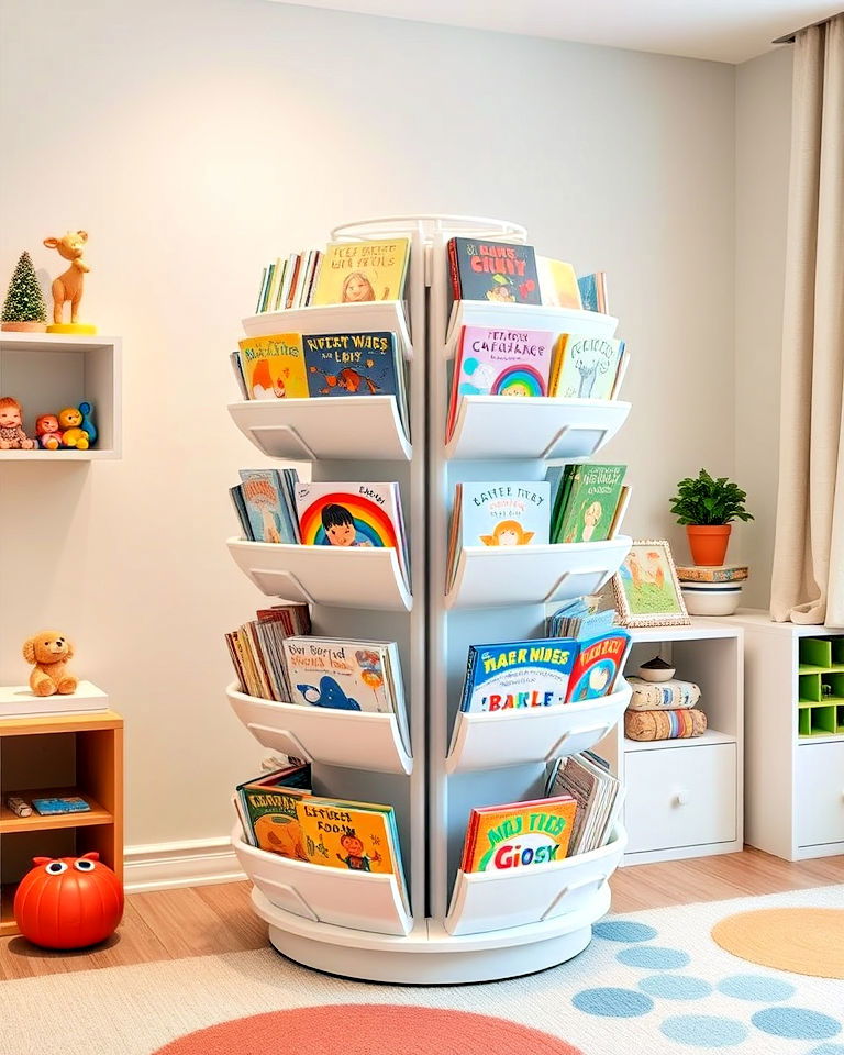 rotating book display for playroom - 40 Playroom Ideas