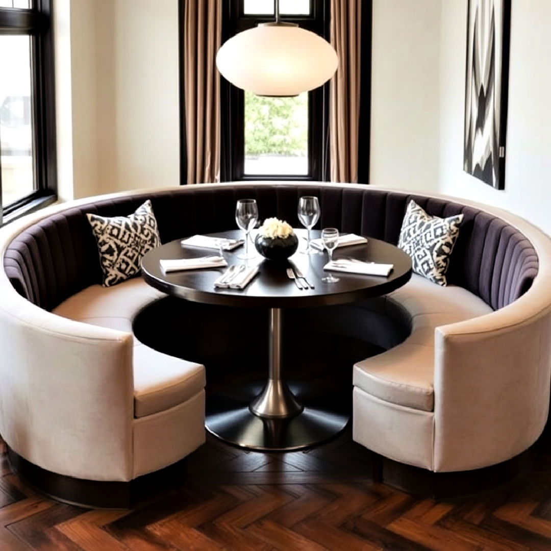 round table paired with curved banquette - 40 Banquette Seating Ideas