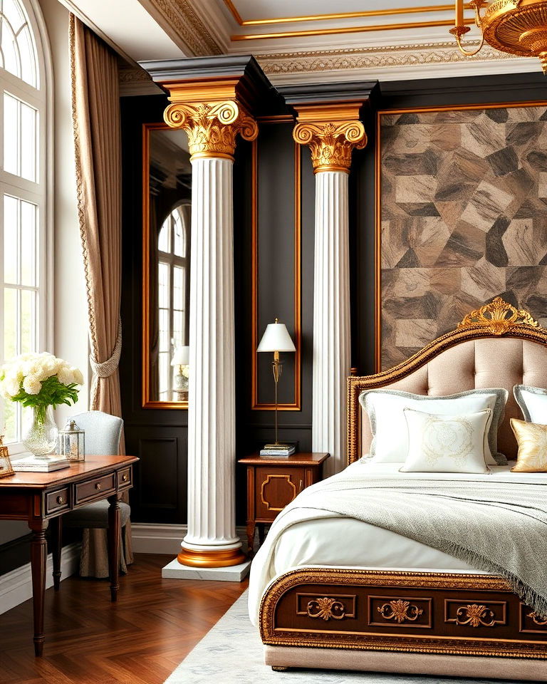 royal bedroom with decorative pillars - 20 Royal Bedroom Ideas