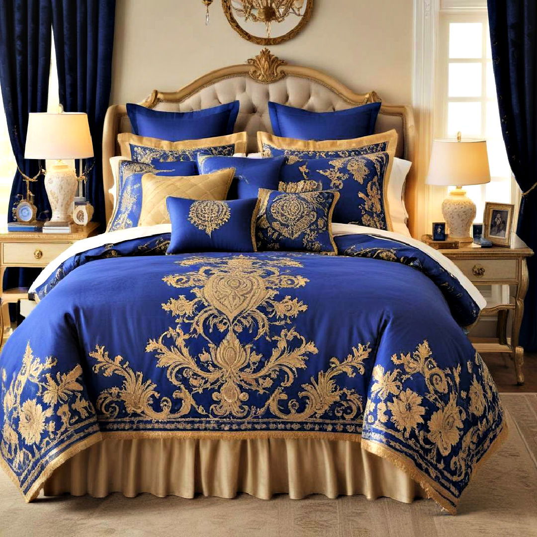 royal blue bedding with gold embroidery - 20 Blue and Gold Bedroom Ideas