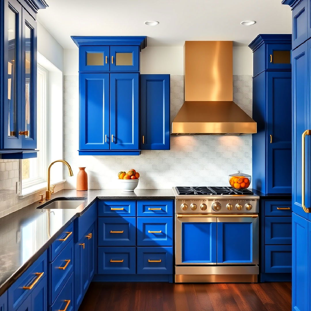royal blue cabinets and polished gold pulls - 30 Blue Kitchen Cabinets With Gold Hardware