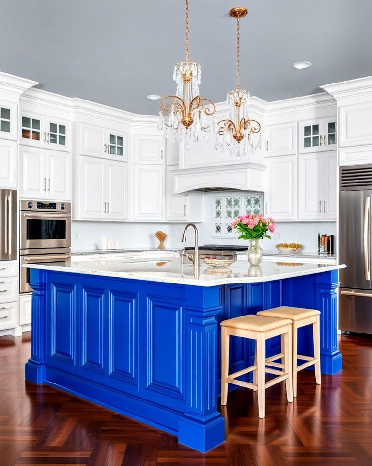 royal blue island paired with white cabinets - 30 White Kitchen Cabinets With Blue Island