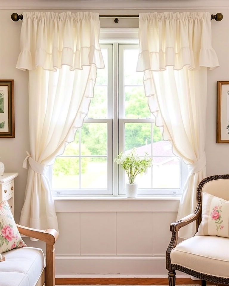 ruffled curtains for romantic touch - 40 Farmhouse Window Treatment Ideas