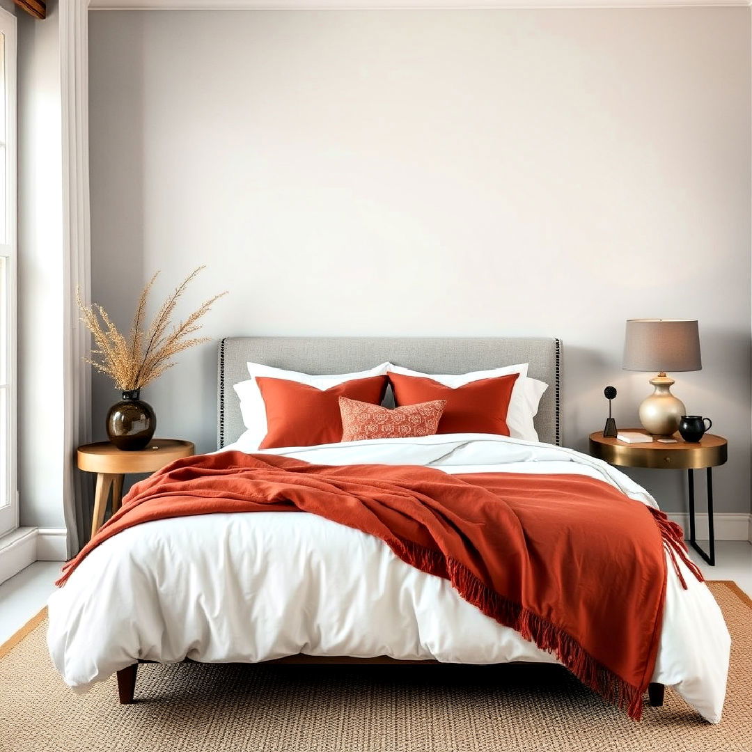 rust bedding against neutral walls - 15 Rust Bedroom Ideas