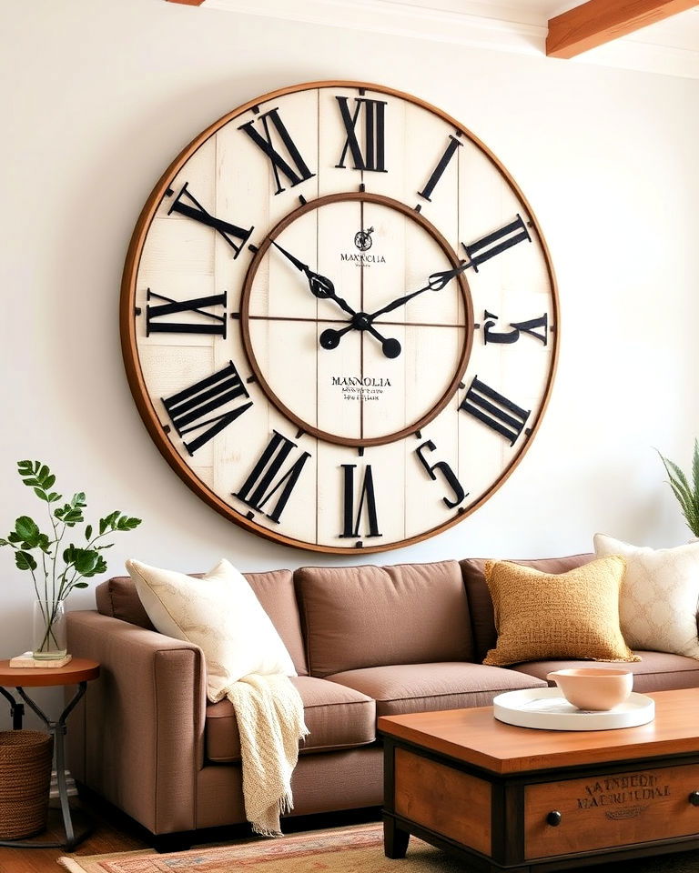 rustic accent oversized wall clock - 20 Magnolia Living Room Ideas