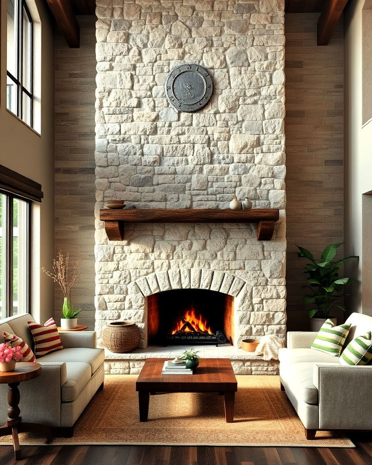 rustic aesthetic weathered stone fireplace - 20 Floor-to-Ceiling Stone Fireplace Ideas