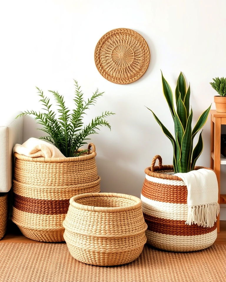 rustic aesthetic woven baskets for storage - 20 Bohemian Desert Decor Ideas