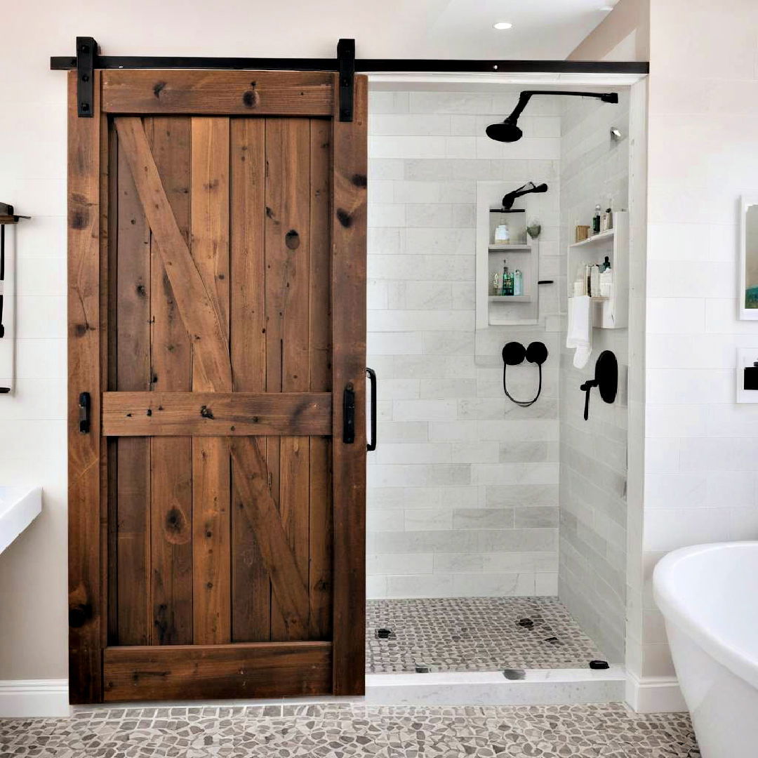 rustic barn door shower - 40 Farmhouse Bathroom Ideas