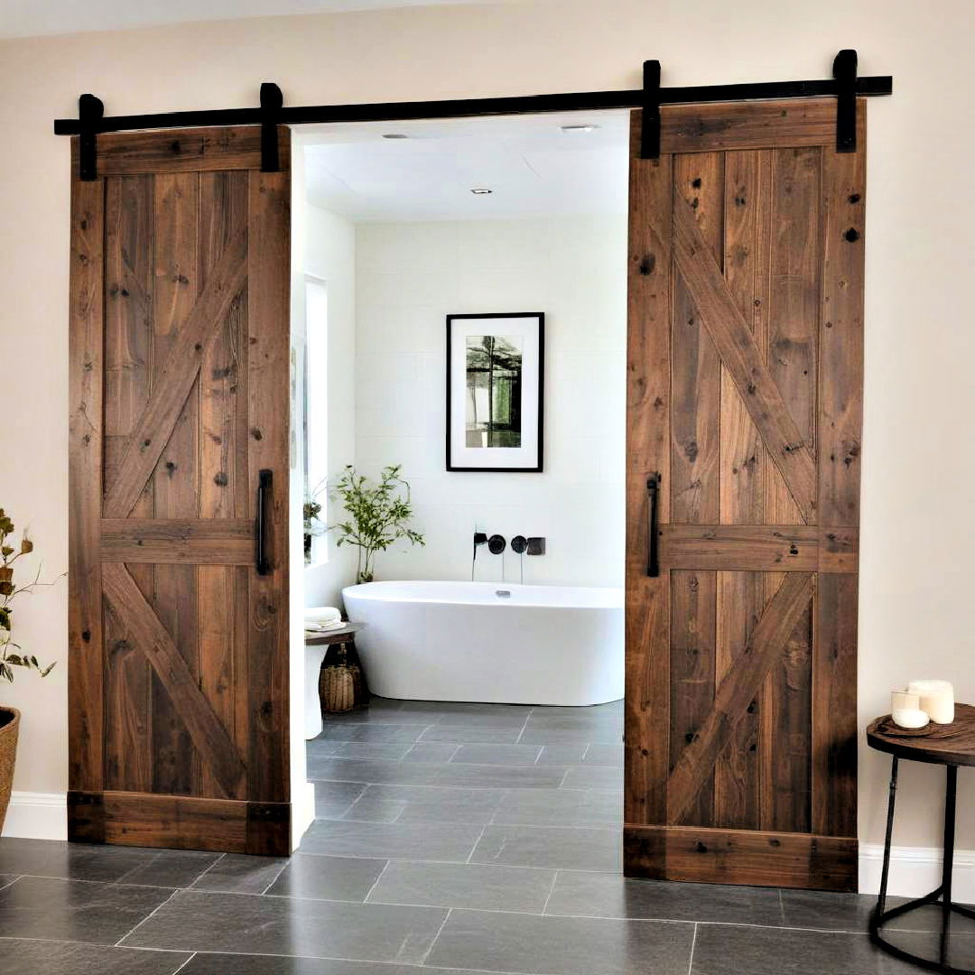 rustic barn door - 40 Modern Bathroom Ideas