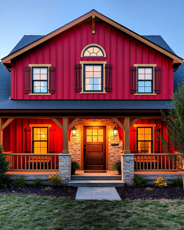 rustic barn red exterior and wood accents - 20 Dark Red House Exterior Ideas